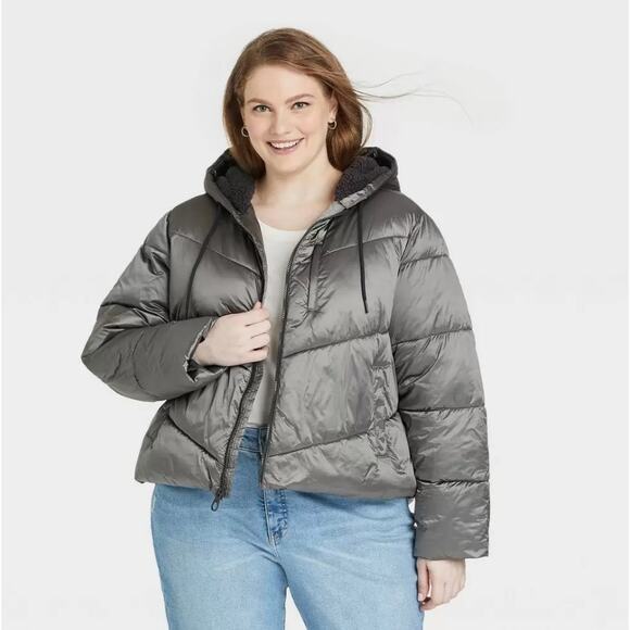 Ava Viv Puffer Jacket Short 1X Plus Winter Hood Coat Faux Fur Full Zip Gray Cozy - Picture 3 of 11